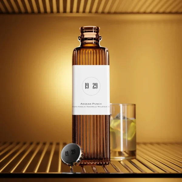 Bottle of 19/29 Aegean Punch cocktail with Roots Kanela, rakomelo, and mountain tea