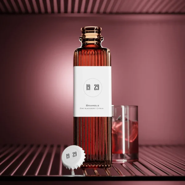 Bottle of 19/29 Bramble cocktail with gin, blackberry, and citrus