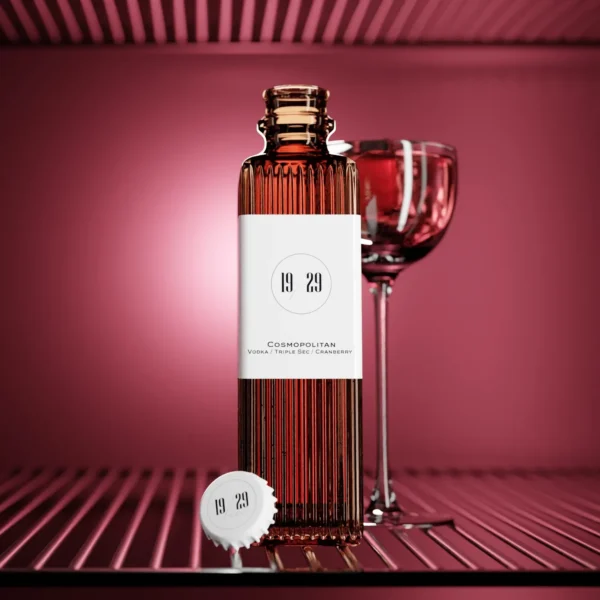Bottle of 19/29 Cosmopolitan cocktail with vodka, triple sec, and cranberry