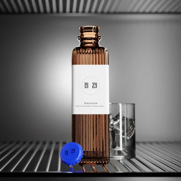 Bottle of 19/29 Eastside cocktail with gin, cucumber, citrus, and mint