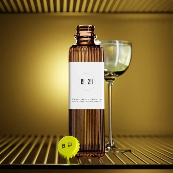 Bottle of 19/29 Passionfruit Martini cocktail with vodka, vanilla, and passionfruit