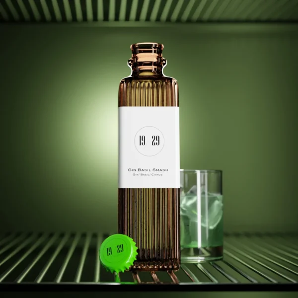 Bottle of 19/29 Gin Basil Smash cocktail with gin, basil, and citrus