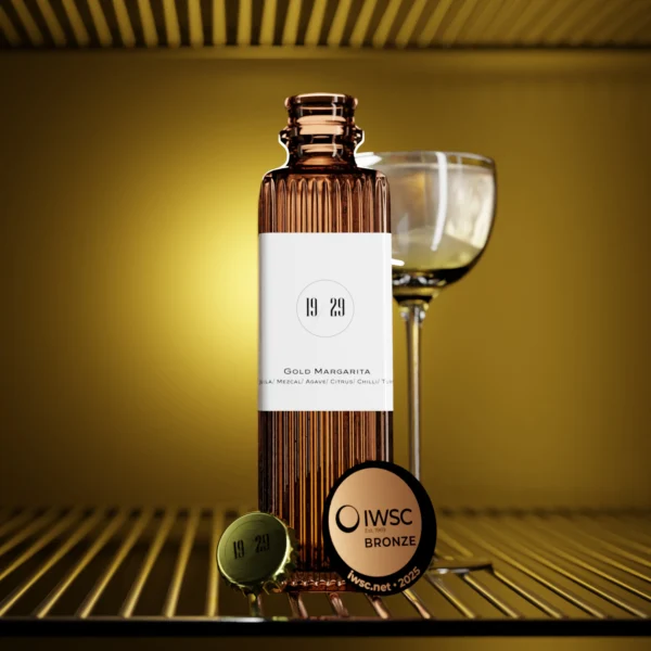 Bottle of 19/29 Gold Margarita cocktail with tequila, mezcal, agave, citrus, and chili