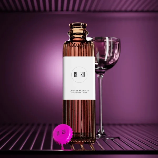 Bottle of 19/29 Lychee Martini cocktail with gin, lychee, and rose
