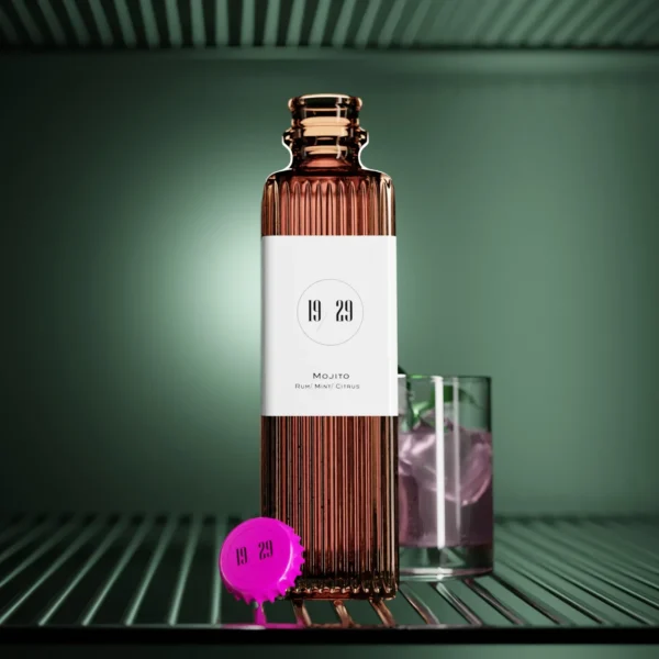 Bottle of 19/29 Mojito cocktail with rum, mint, and citrus