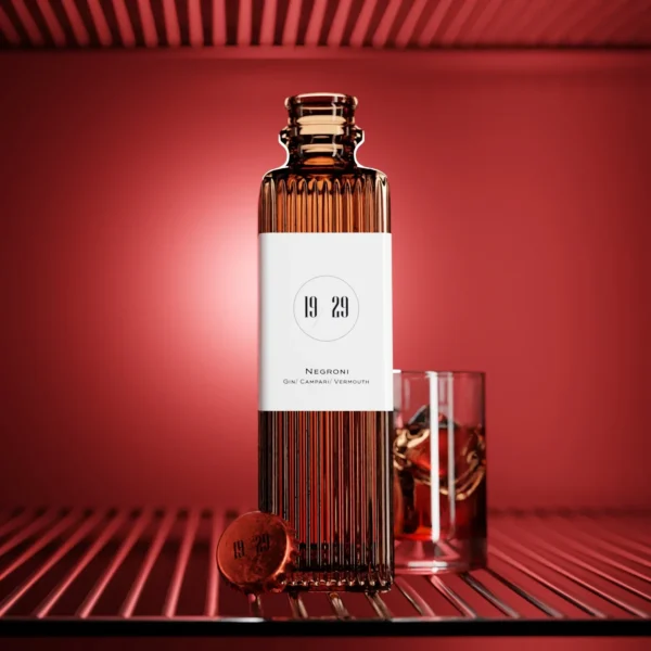 Bottle of 19/29 Negroni cocktail with gin, Campari, and vermouth
