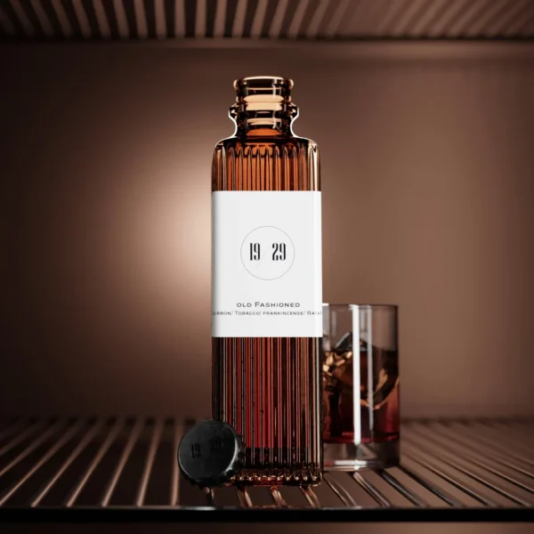 Bottle of 19/29 Old Fashioned cocktail with bourbon, tobacco, frankincense, and ratafia